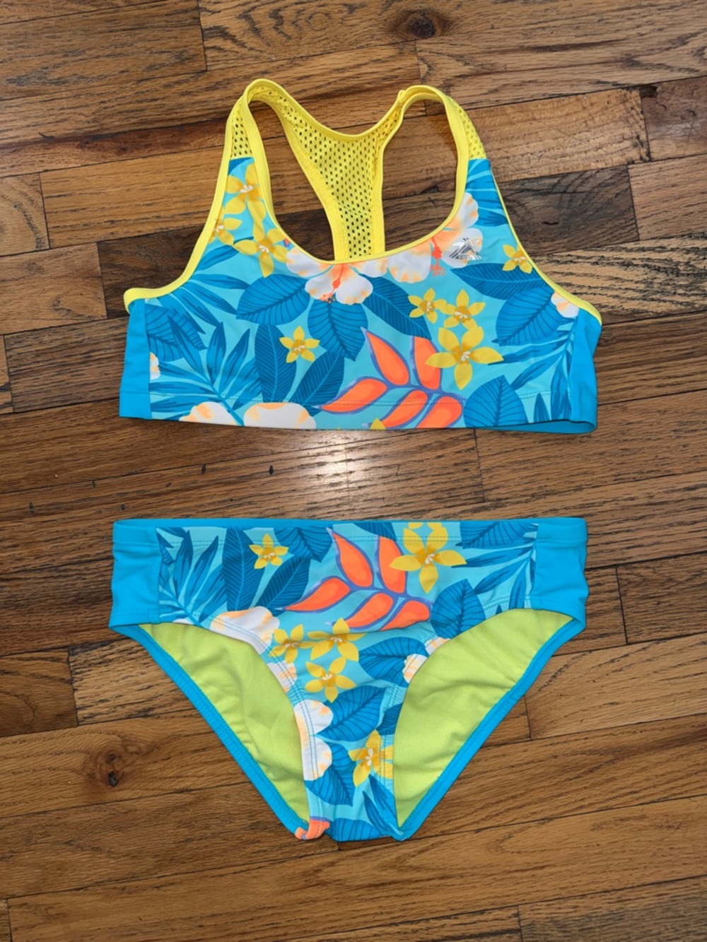 ZeroXposur Blue Tropical Floral Two-Piece Girls Swim Bikini with Yellow Trim